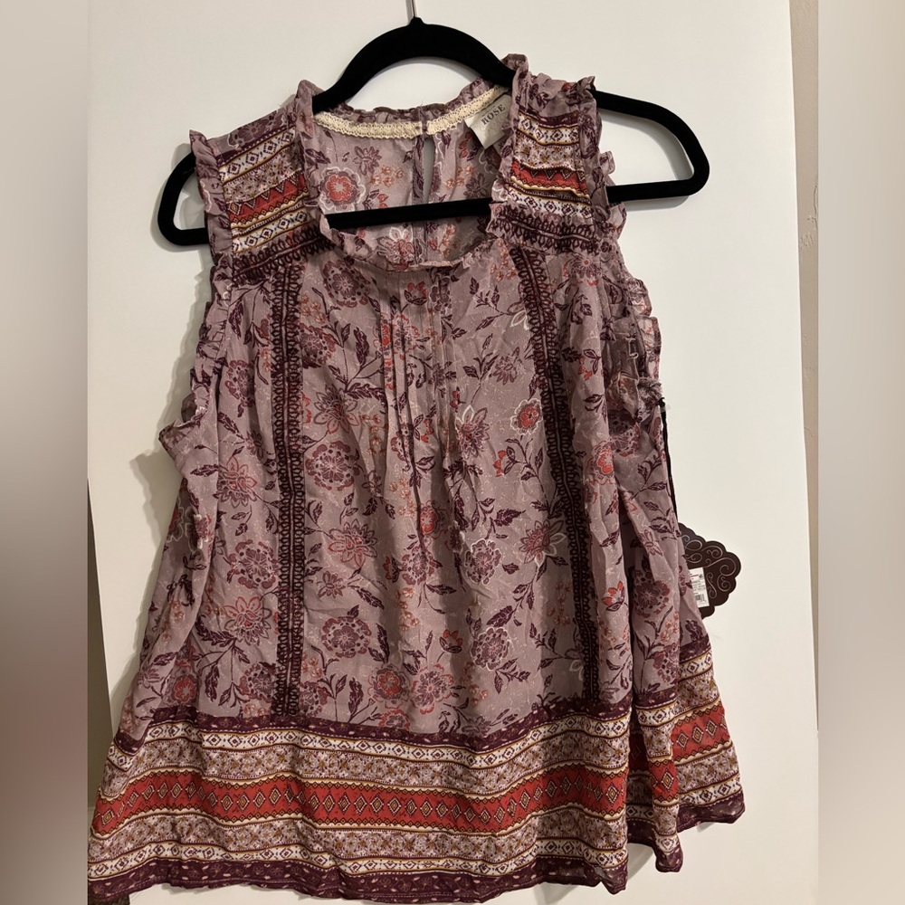 Knox Rose Mauve Floral Boho Ruffle Neck Blouse with Rust Border